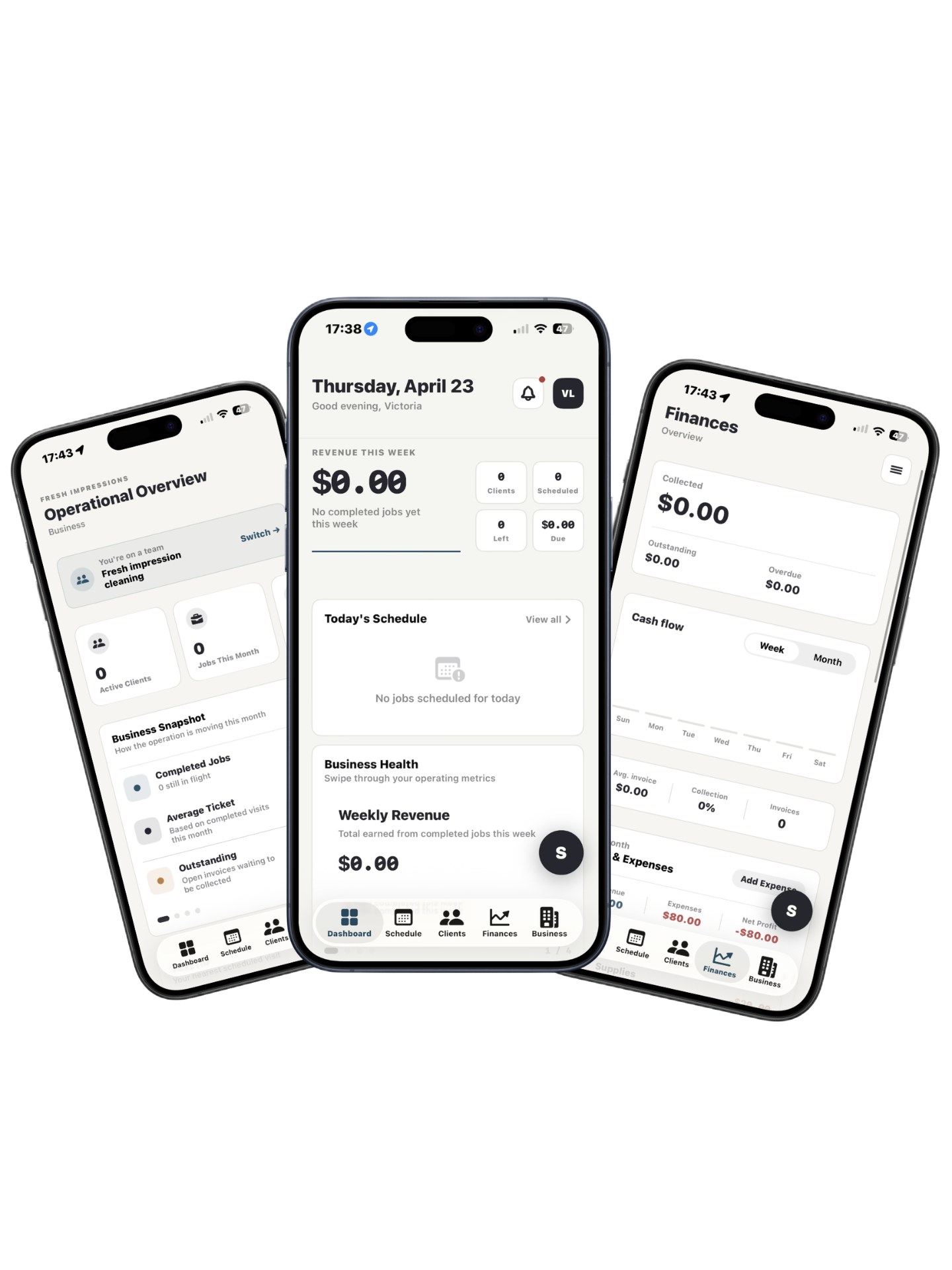 Sweeply iOS app shown on three iPhones — dashboard, operational overview, and finances