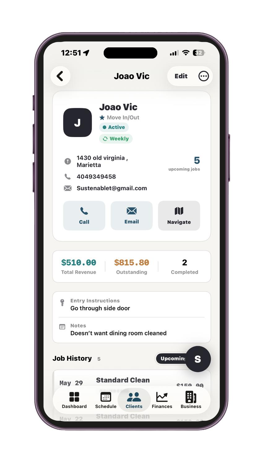 Sweeply client profile view on iPhone