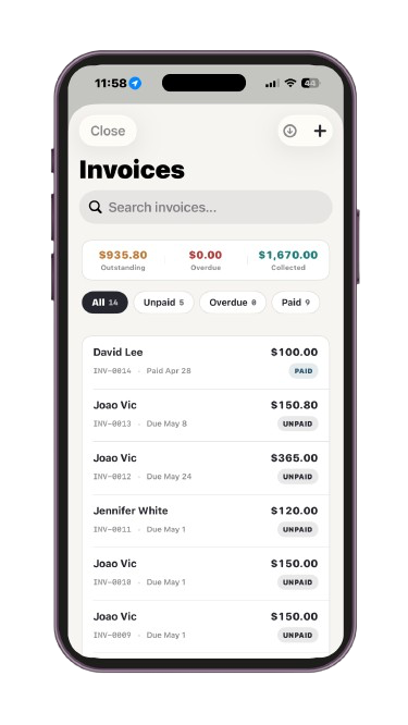 Sweeply invoices view on iPhone