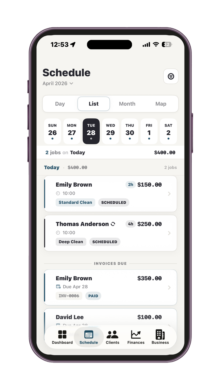Sweeply schedule view on iPhone